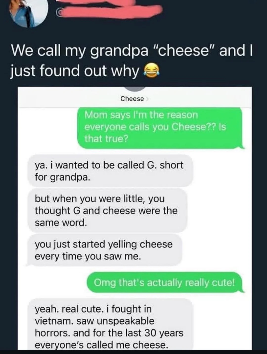 We call my grandpa "cheese" and I just found out why.
Screenshot of conversation with Grandad,
Cheese>
Mom says I'm the reason everyone calls you Cheese?? Is that true?
ya. i wanted to be called G. short for grandpa.
but when you were little, you thought G and cheese were the same word.
you just started yelling cheese every time you saw me.
Omg that's actually really cute!
yeah. real cute. i fought in
vietnam. saw unspeakable
horrors, and for the last 30 years
everyone's called me cheese.