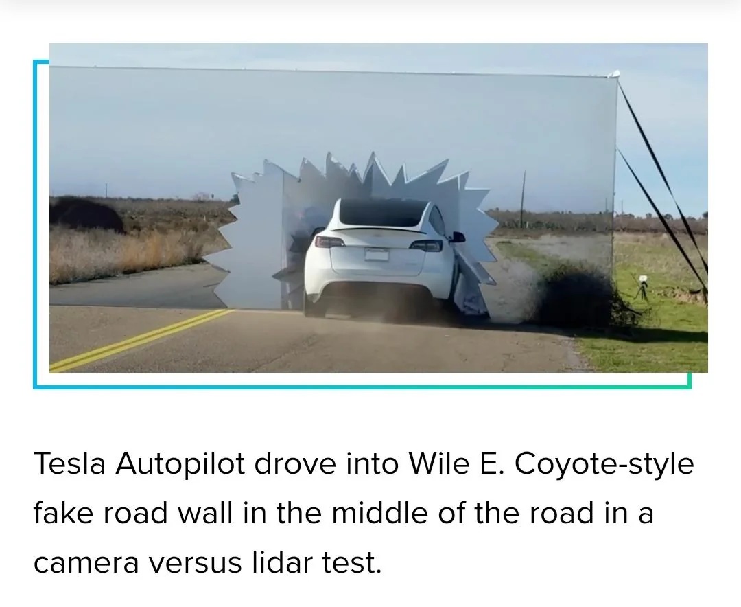 Tesla driving into a fake wall. Text - Tesla Autopilot drove into Wile E. Coyote-style fake road wall