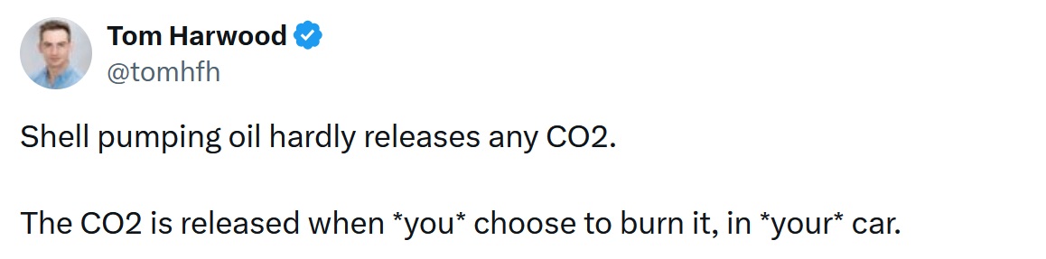 Shell pumping oil hardly releases any CO2.

The CO2 is released when *you* choose to burn it, in *your* car.