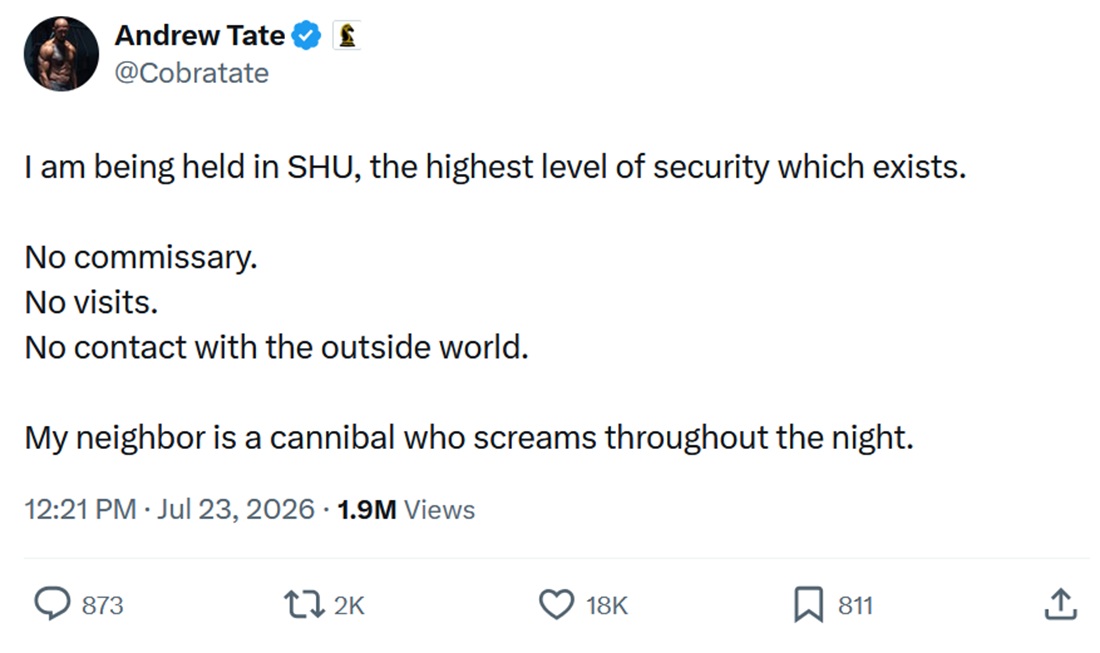 I am being held in SHU, the highest level of security which exists.
No commissary.
No visits.
No contact with the outside world.
My neighbor is a cannibal who screams throughout the night.