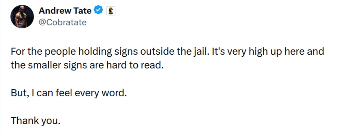 For the people holding signs outside the jail. It's very high up here and the smaller signs are hard to read.

But, I can feel every word.

Thank you.