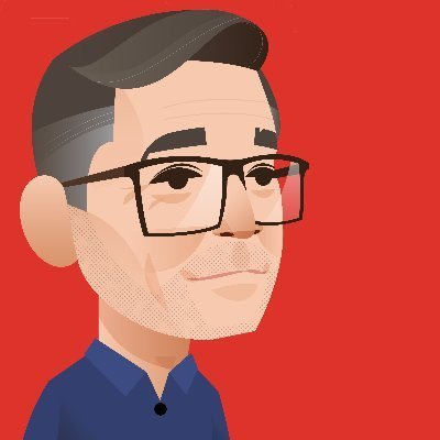 A cartoon-style portrait of Andy Burnham on a red background