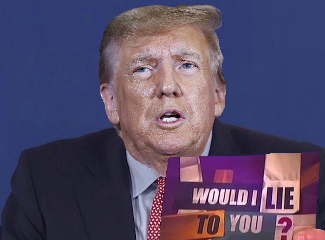 Donald Trump holding a Would I Lie to You card