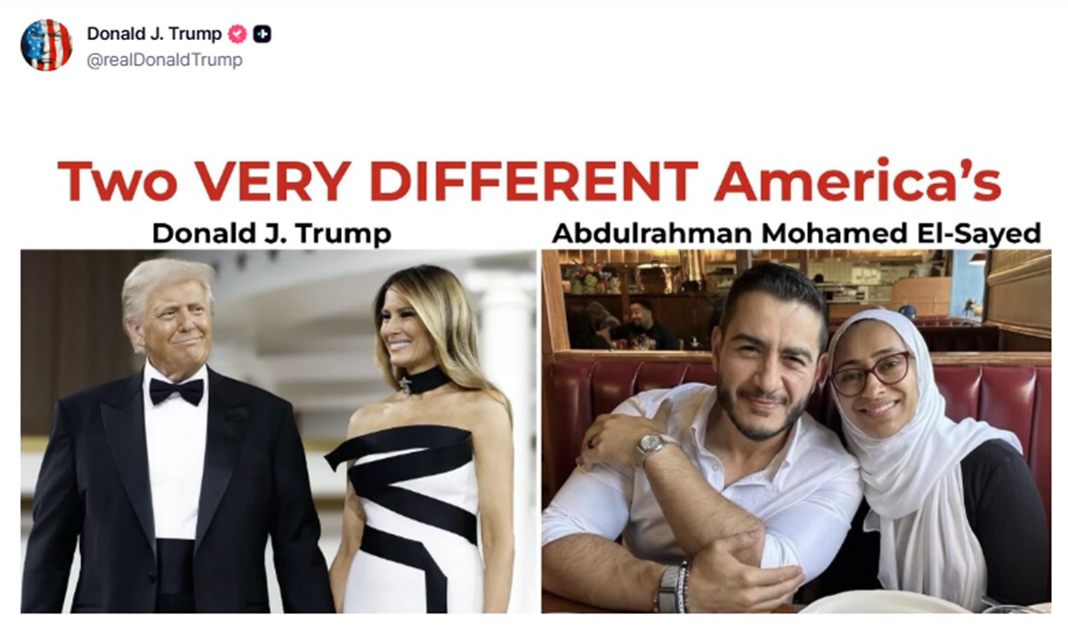 "To very different America's" [sic} With a photo of Trump and Melania on the left, and a photo of Abdul and Sarah at a waffle house on the right. She is wearing a hijab