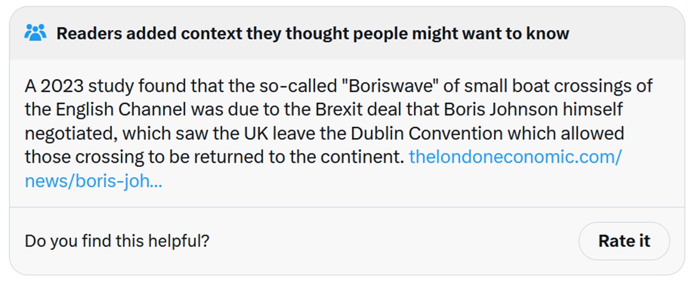 A 2023 study found that the so-called "Boriswave" of small boat crossings of the English Channel was due to the Brexit deal that Boris Johnson himself negotiated, which saw the UK leave the Dublin Convention which allowed those crossing to be returned to the continent.