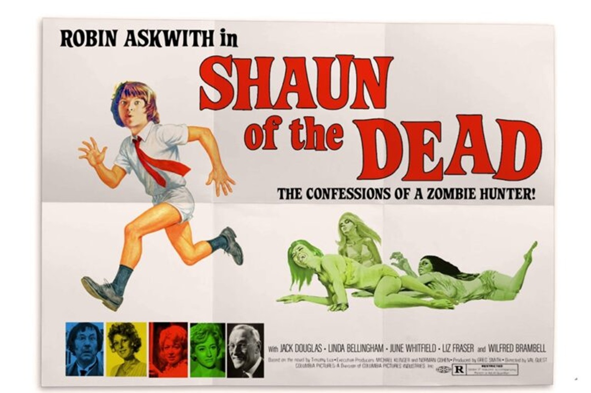Robin Askwith in Shaun of the Dead, Confessions of a Zombie Hunter. 70s-style poster showing Robin Askwith with no trousers, running away from several crawling female zombies