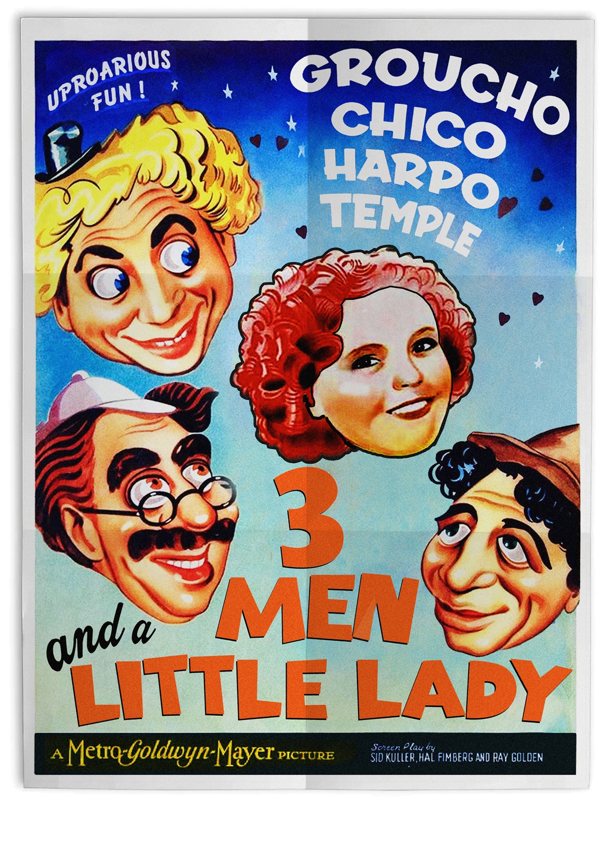 1930s-style cartoonish poster for Three Men and a Little Lady, starring the Marx Brothers and Shirley Temple