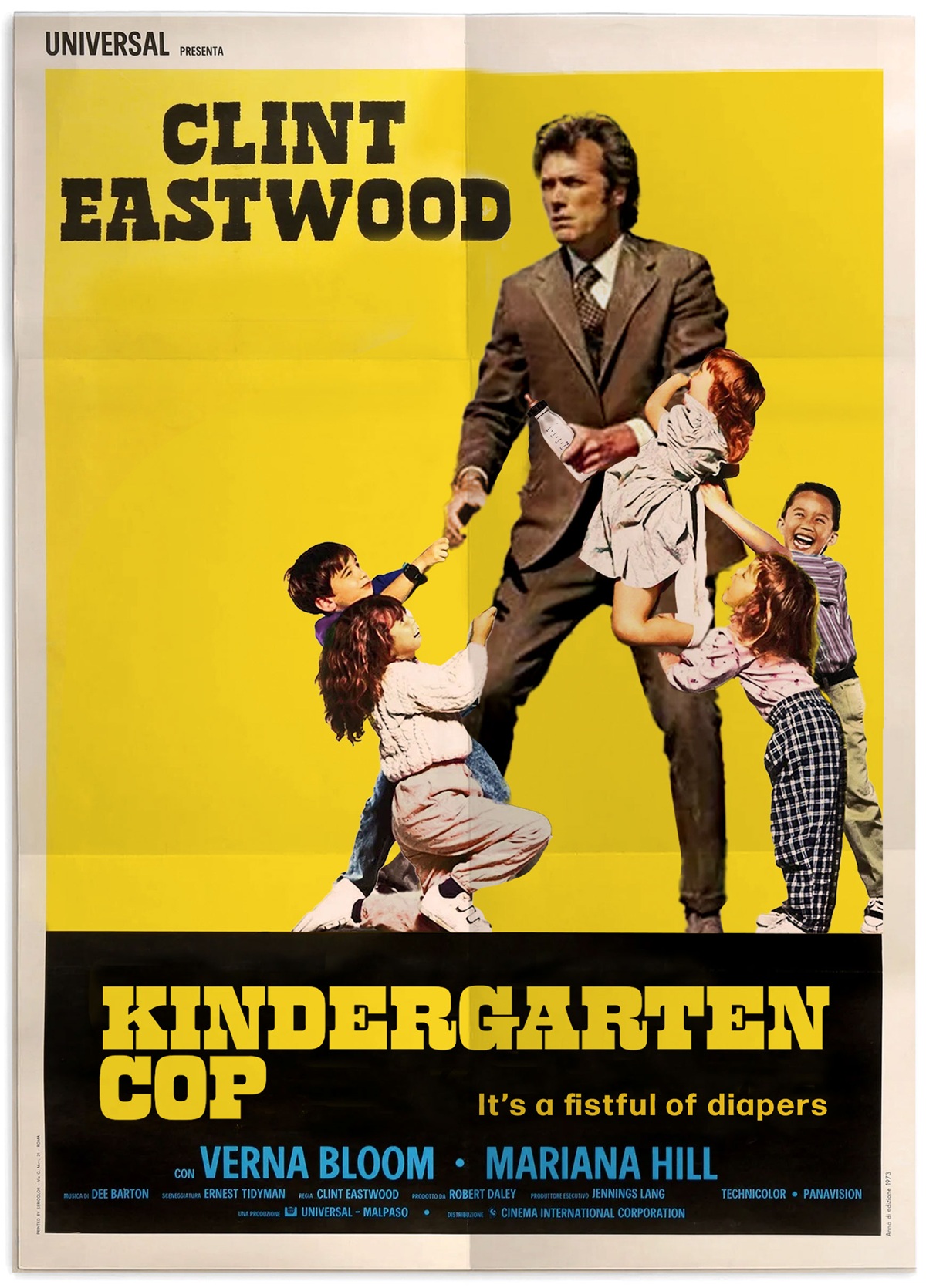 Clint Eastwood in Harry Callaghan clothes, with a few children hanging off his arms and legs. Kindergarten Cop