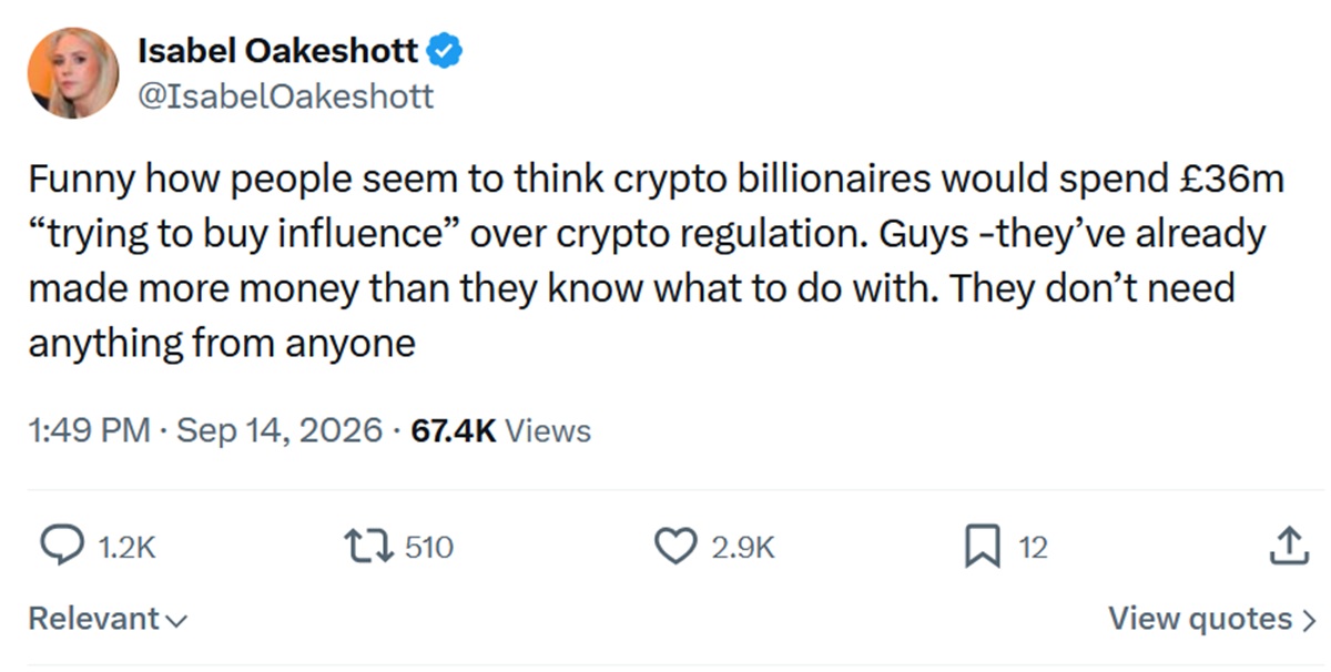 Funny how people seem to think crypto billionaires would spend £36m “trying to buy influence” over crypto regulation. Guys -they’ve already made more money than they know what to do with. They don’t need anything from anyone