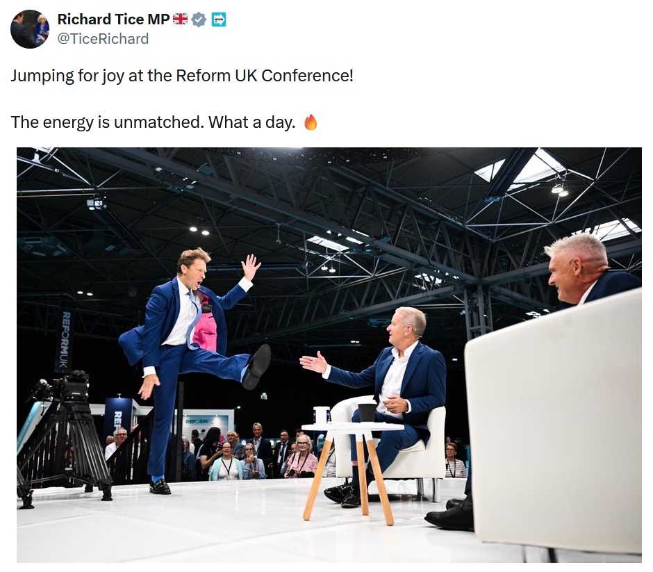 Jumping for joy at the Reform UK Conference!
The energy is unmatched. What a day. With an image of Tice jumping on stage in a very Elon Musk-like awkward pose