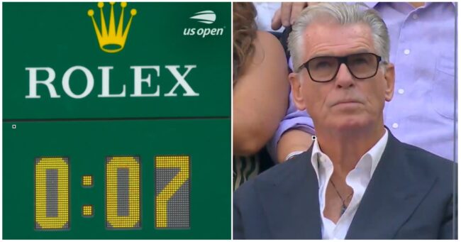 Whoever made this ace cut from the timer to Pierce Brosnan at the US Open tennis tournament, take the rest of the week off
