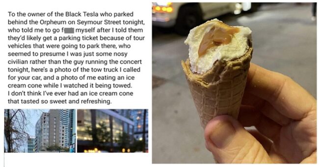This very gratifying instant comeuppance for an entitled Tesla driver is one from the Hall of Fame