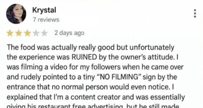 This influencer complained she wasn’t allowed to film in a restaurant and the owner’s A++ response was simply magnificent