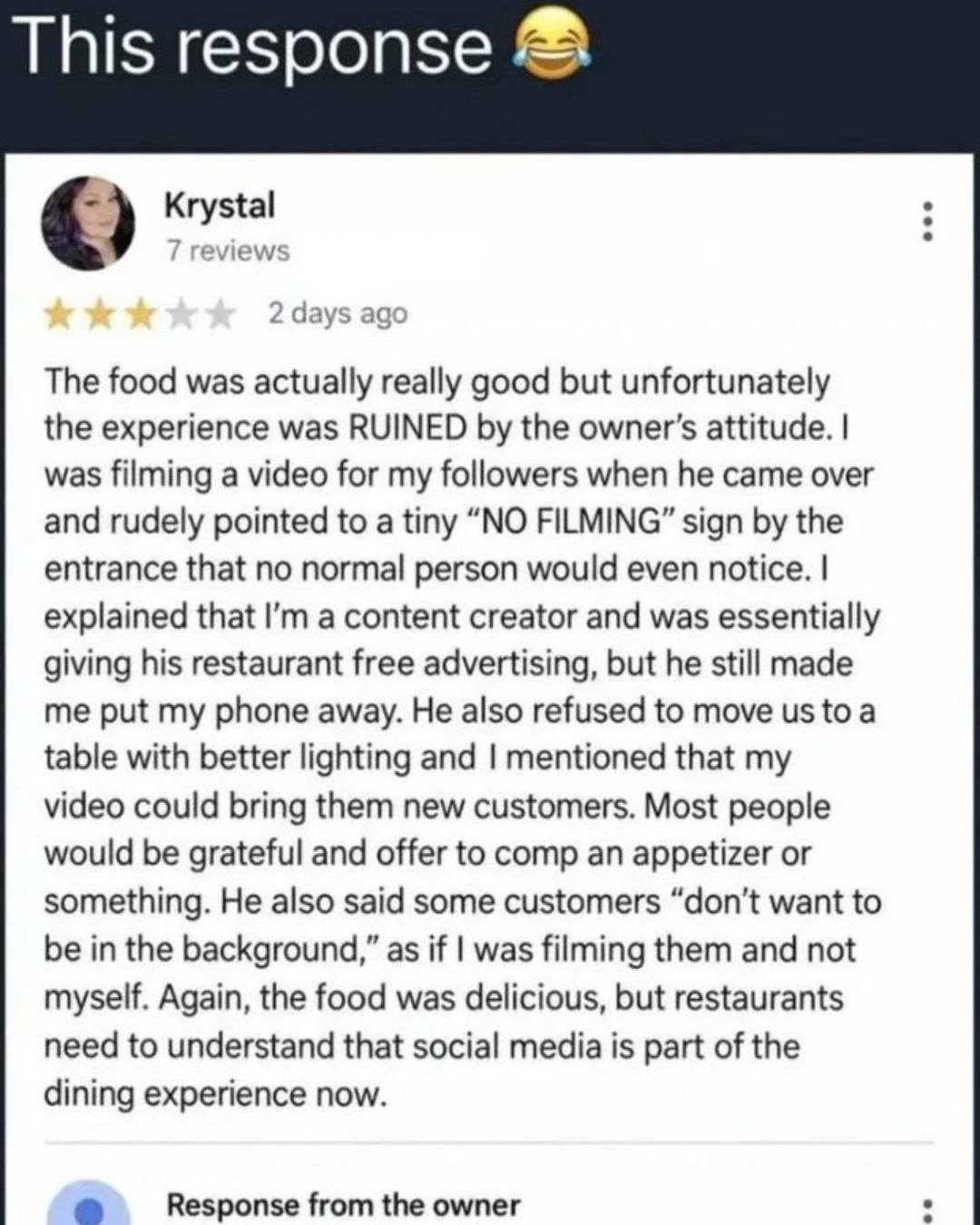 This influencer complained she wasn’t allowed to film in a restaurant and the owner’s A++ response was simply magnificent