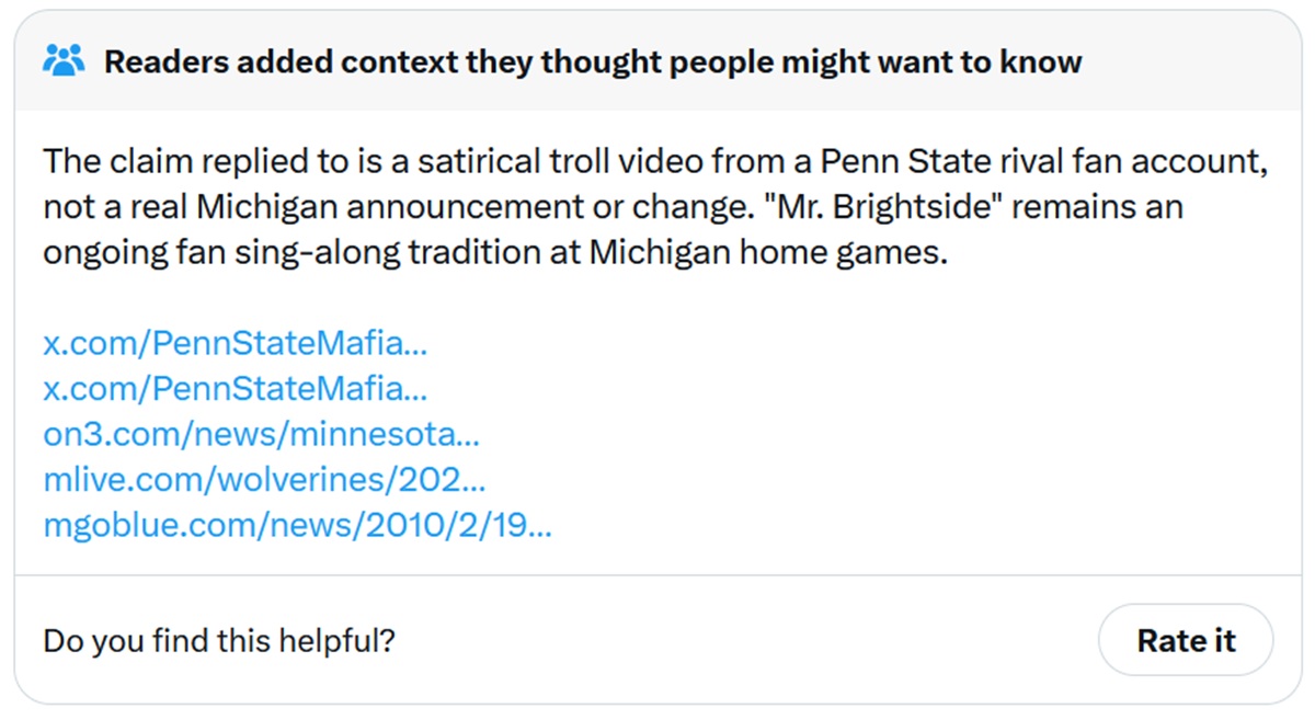 The claim replied to is a satirical troll video from a Penn State rival fan account, not a real Michigan announcement or change. "Mr. Brightside" remains an ongoing fan sing-along tradition at Michigan home games.