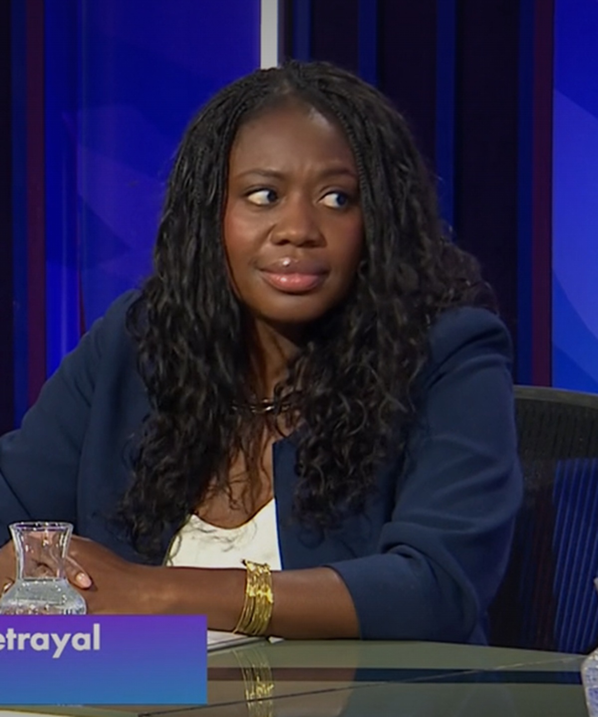 Miatta giving side-eye to another panellist during Suella's rant.
