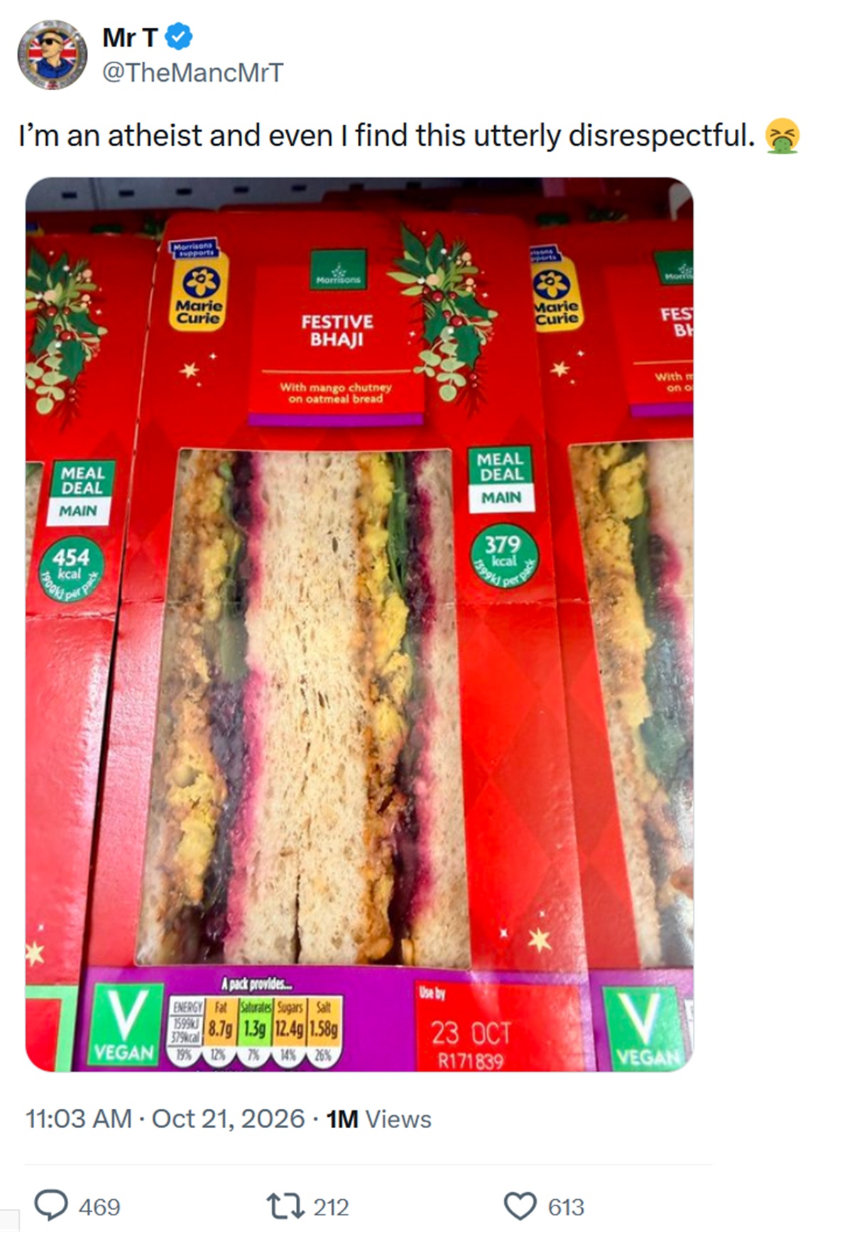 I’m an atheist and even I find this utterly disrespectful. and a vomit emoji. Photo of a packaged festive bhaji sandwich in red packaging with holly motif