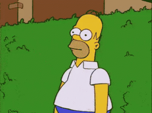 Homer Simpson reversing to hide in a hedge